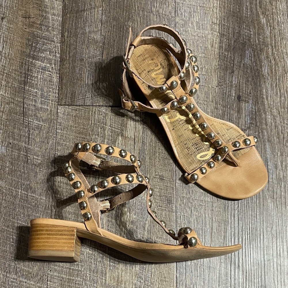 Sam Edelman Leather & Cork Round Studded Strappy Kitten Heel Gladiator Sandals